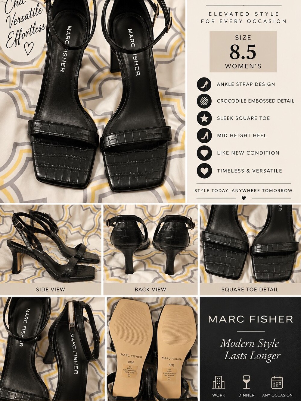 Marc Fisher Black Croc-Embossed Square Toe Ankle Strap Heels